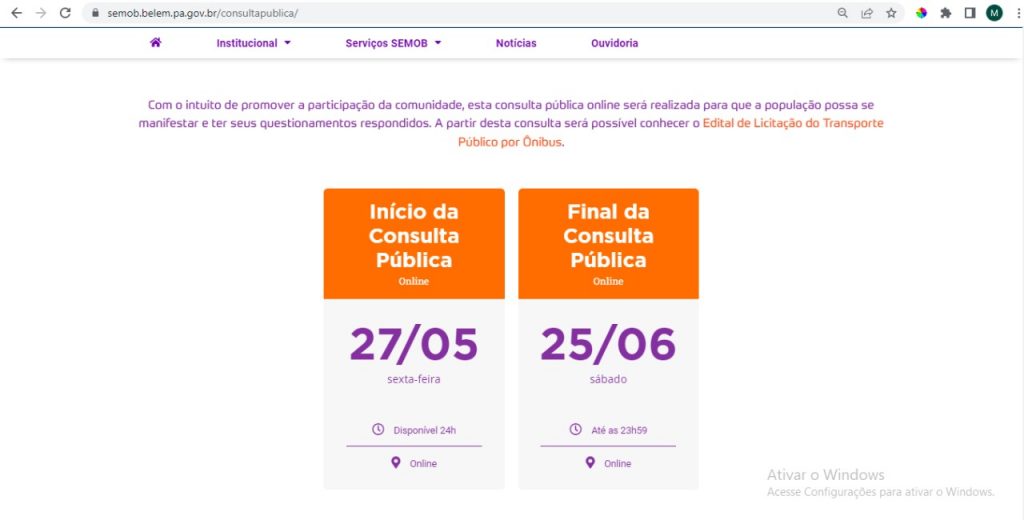 A consulta pública on line para contribuições ao processo de licitação do transporte em Belém, estará à disposição da população até o dia 5 de junho